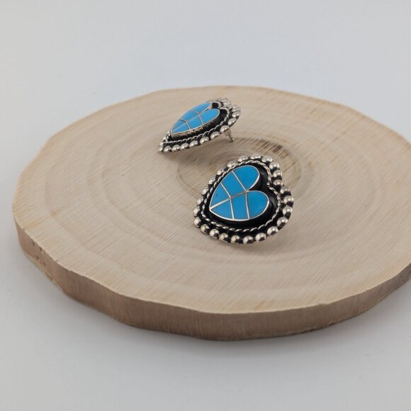 Zuni Kingman Turquoise Heart Inlay Stud Earrings Handcrafted Native American ** - Picture 8 of 11